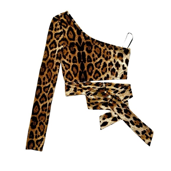 3 For 25 Casual Ladies One Shoulder Long Sleeve Leopard Print Tie up - Picture 2 of 5